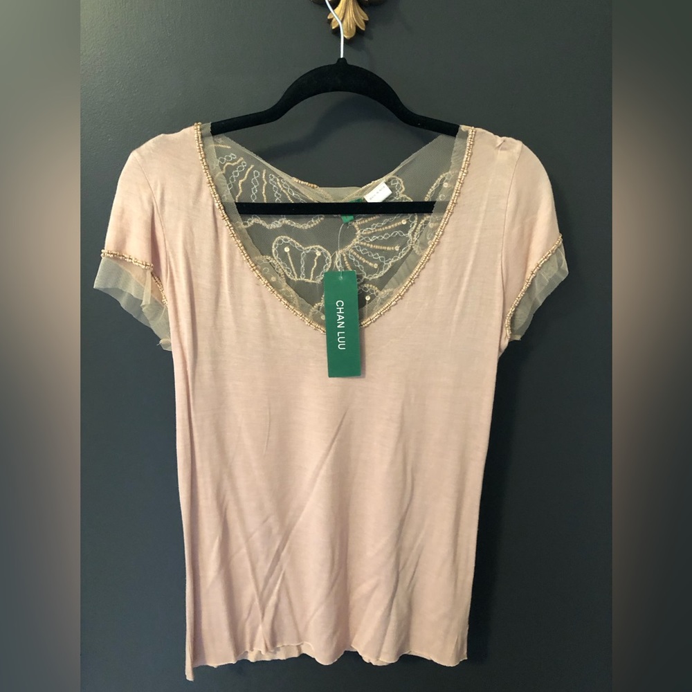 NWT Chan Luu handmade, beaded blouse in cameo rose-Size L, but fits smaller.
